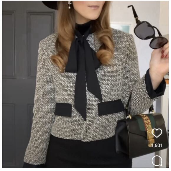 ZARA TWEED BOUCLE TRIM TEXTURED BLAZER JACKET WITH BOW SZ L PREPPY OLD MONEY - Picture 3 of 15